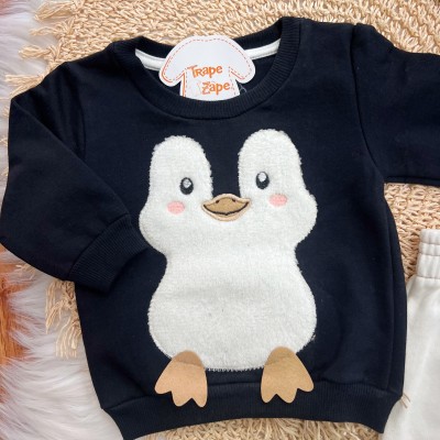 Conj. Casaco Pinguim Super Fofo e Calça Saruel - Preto e Off  White